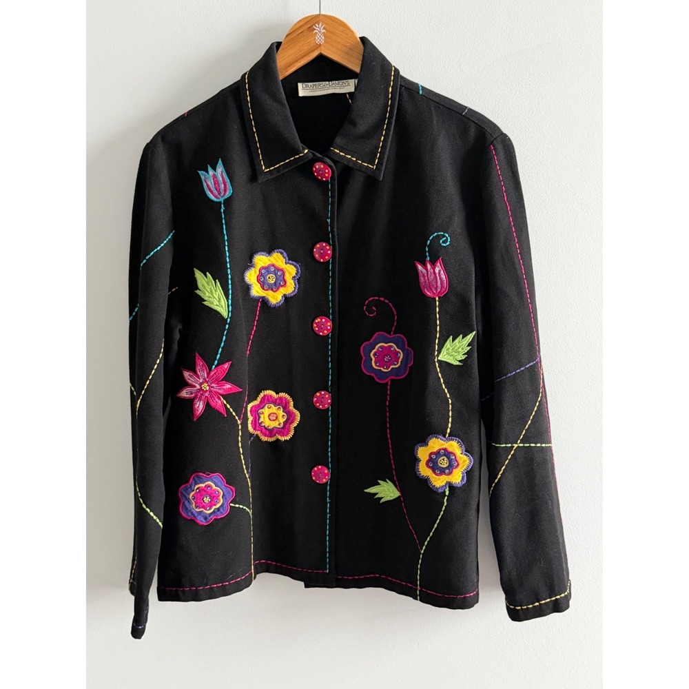 Drapers & Damons Jacket Black Cotton Embroidered Floral Boho Art to Wear M